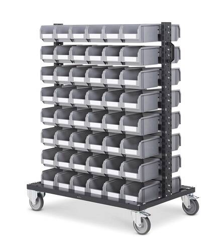 Carrello con ruote e 96 contenitori in plastica