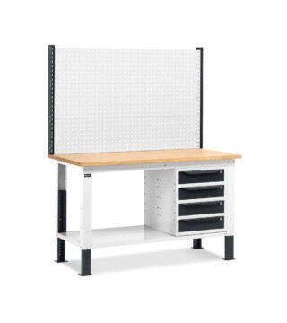 banco da lavoro regolabile in altezza work up work1518 con parete attrezzata e 4 cassetti