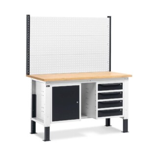 banco da lavoro regolabile in altezza work up work1520 con parete attrezzata 4 cassetti e 1 armadio con porta