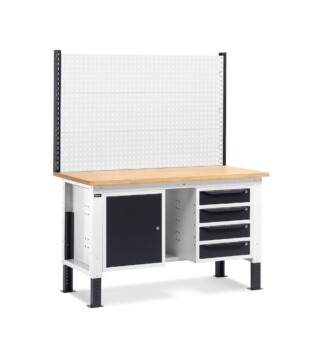 banco da lavoro regolabile in altezza work up work1520 con parete attrezzata 4 cassetti e 1 armadio con porta