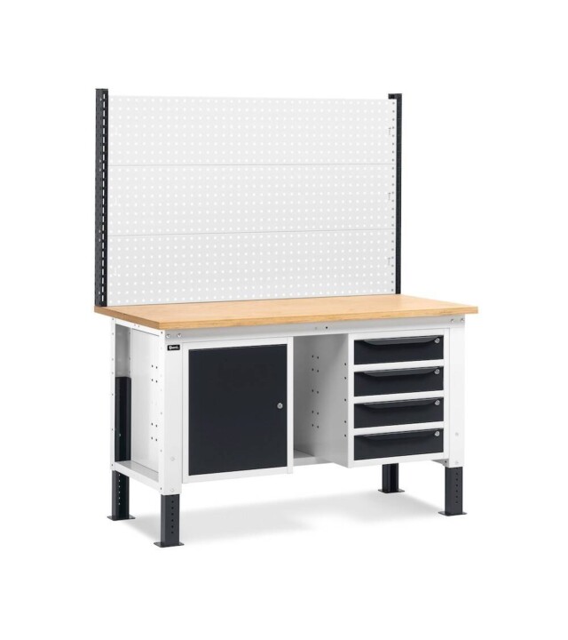 banco da lavoro regolabile in altezza work up work1520 con parete attrezzata 4 cassetti e 1 armadio con porta