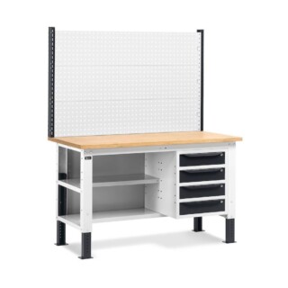 banco da lavoro regolabile in altezza work up work1522 con parete attrezzata 4 cassetti e semipiano