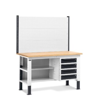 banco da lavoro regolabile in altezza work up work1522 con parete attrezzata 4 cassetti e semipiano