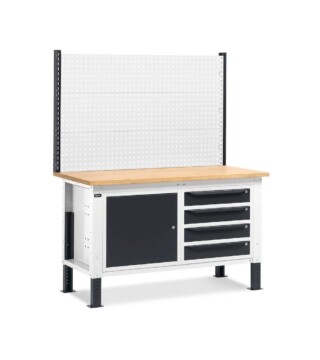 banco da lavoro regolabile in altezza work up work1524 con parete attrezzata 4 cassetti e 1 armadio con porta
