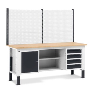 banco da lavoro regolabile in altezza work up work2024 con parete attrezzata 4 cassetti 1 armadio con porta e semipiano