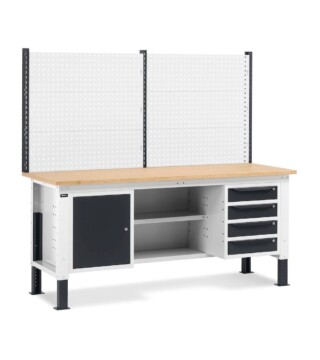 banco da lavoro regolabile in altezza work up work2024 con parete attrezzata 4 cassetti 1 armadio con porta e semipiano