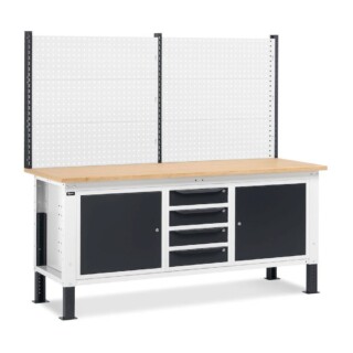 banco da lavoro regolabile in altezza work up work2026 con parete attrezzata 4 cassetti e 2 armadi con porta