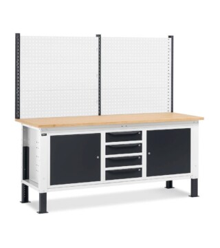 banco da lavoro regolabile in altezza work up work2026 con parete attrezzata 4 cassetti e 2 armadi con porta