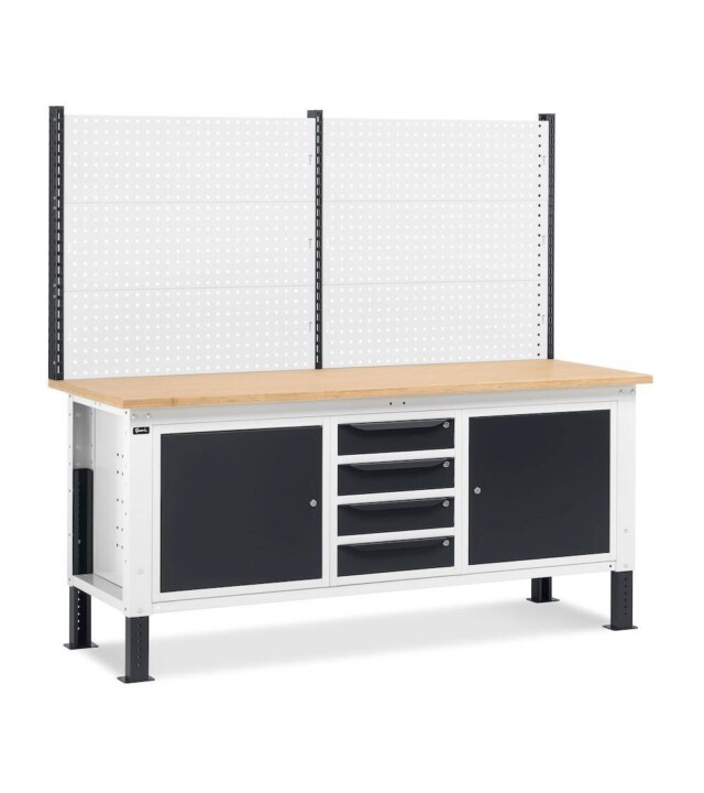 banco da lavoro regolabile in altezza work up work2026 con parete attrezzata 4 cassetti e 2 armadi con porta