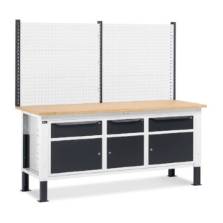 banco da lavoro regolabile in altezza work up work2028 con parete attrezzata e 3 armadi con porta parziale e 1 cassetto