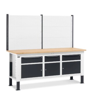 banco da lavoro regolabile in altezza work up work2028 con parete attrezzata e 3 armadi con porta parziale e 1 cassetto