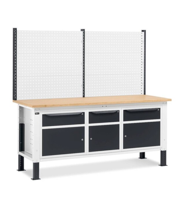 banco da lavoro regolabile in altezza work up work2028 con parete attrezzata e 3 armadi con porta parziale e 1 cassetto