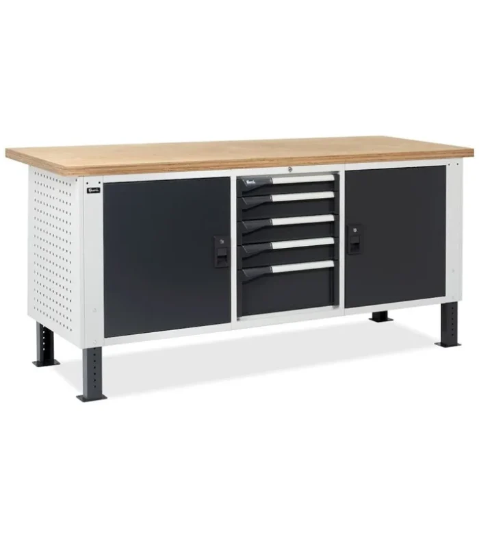 Banco da Lavoro con Piano in Multiplex - 2 Armadietti e 5 Cassetti L=2000 mm - immagine 1
