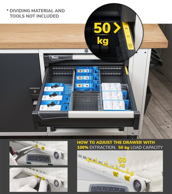 Banco da Lavoro Attrezzato con 5 Cassetti + 1 Armadietto e Pensili L=1500mm - immagine 3