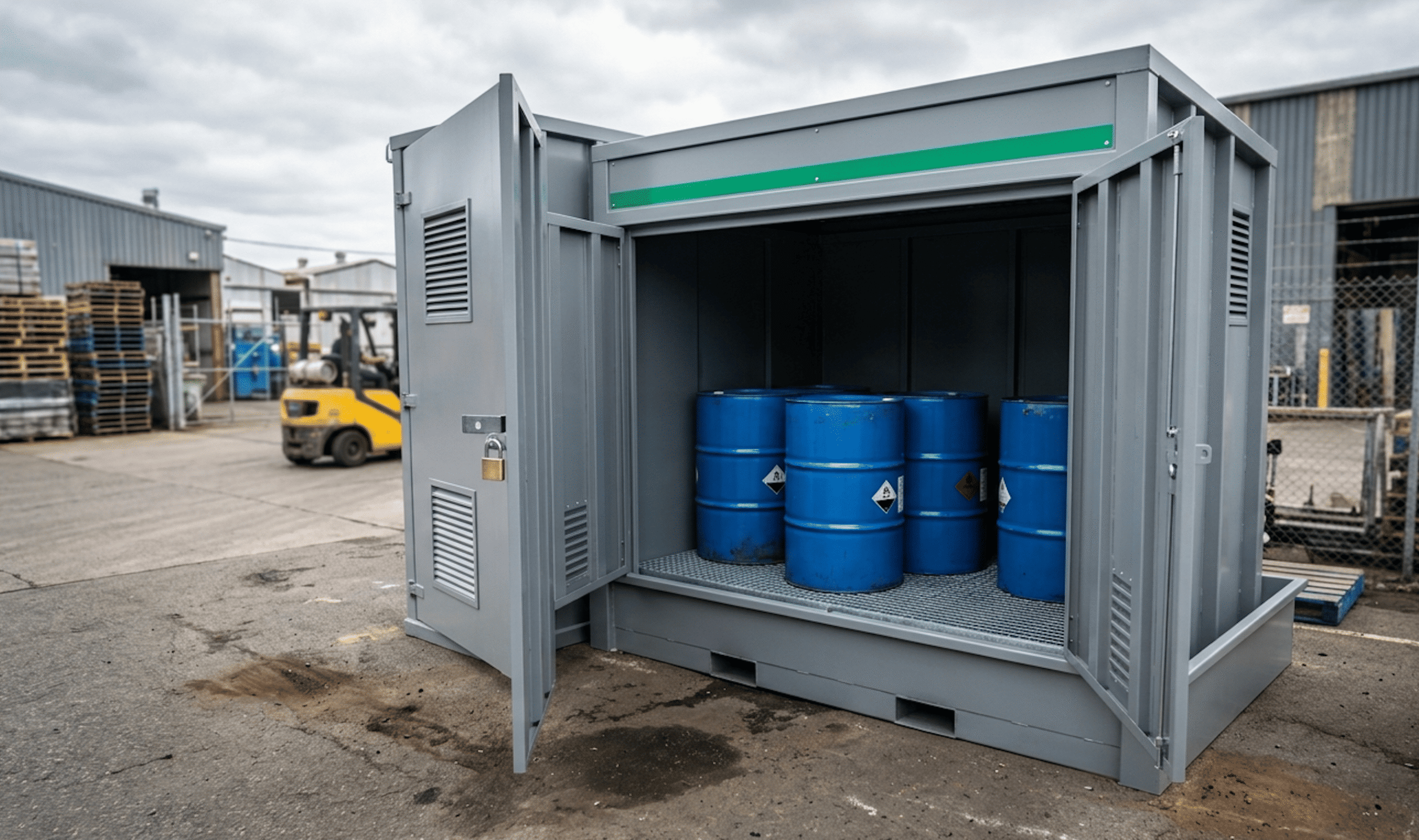 depositi e container per stoccaggio fusti in acciaio con vasca di contenimento RICOMI